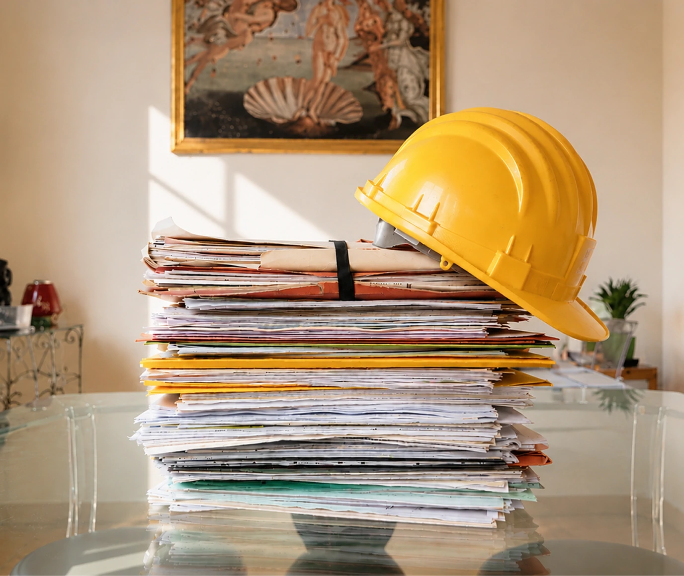 Pila di documenti, pratiche edilizie e casco di sicurezza nell'ufficio dello studio